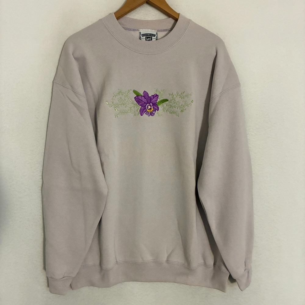 Vtg Lee Floral USA Made Sweatshirt Womens XL Crewneck Embroidered Granny Sweater